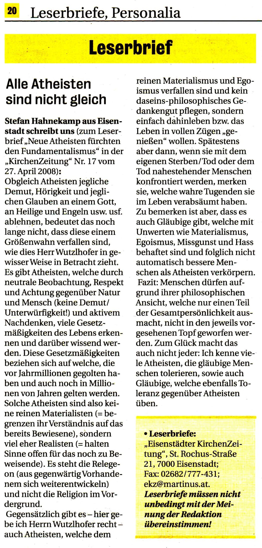Zeitungsausschnitt der Eisenstädter Kirchenzeitung vom 18. Mai 2008 mit dem abgedruckten Leserbrief.