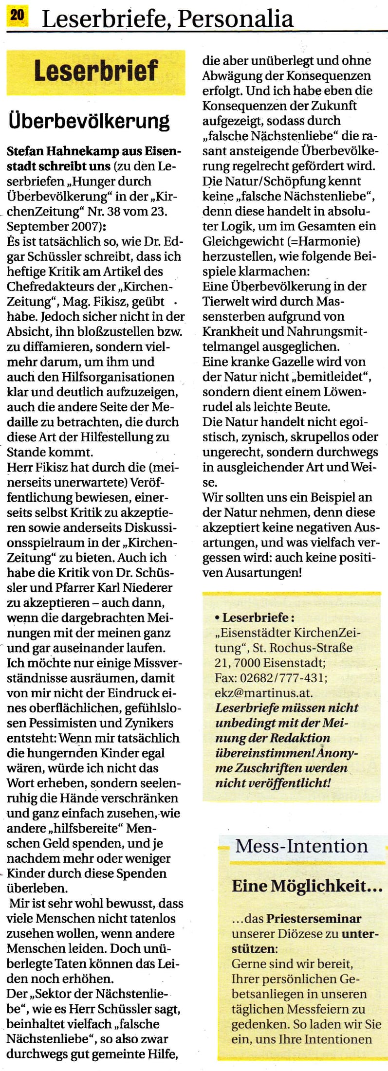 Leserbriefveröffentlichung in der Eisenstädter Kirchenzeitung vom 21. Oktober 2007